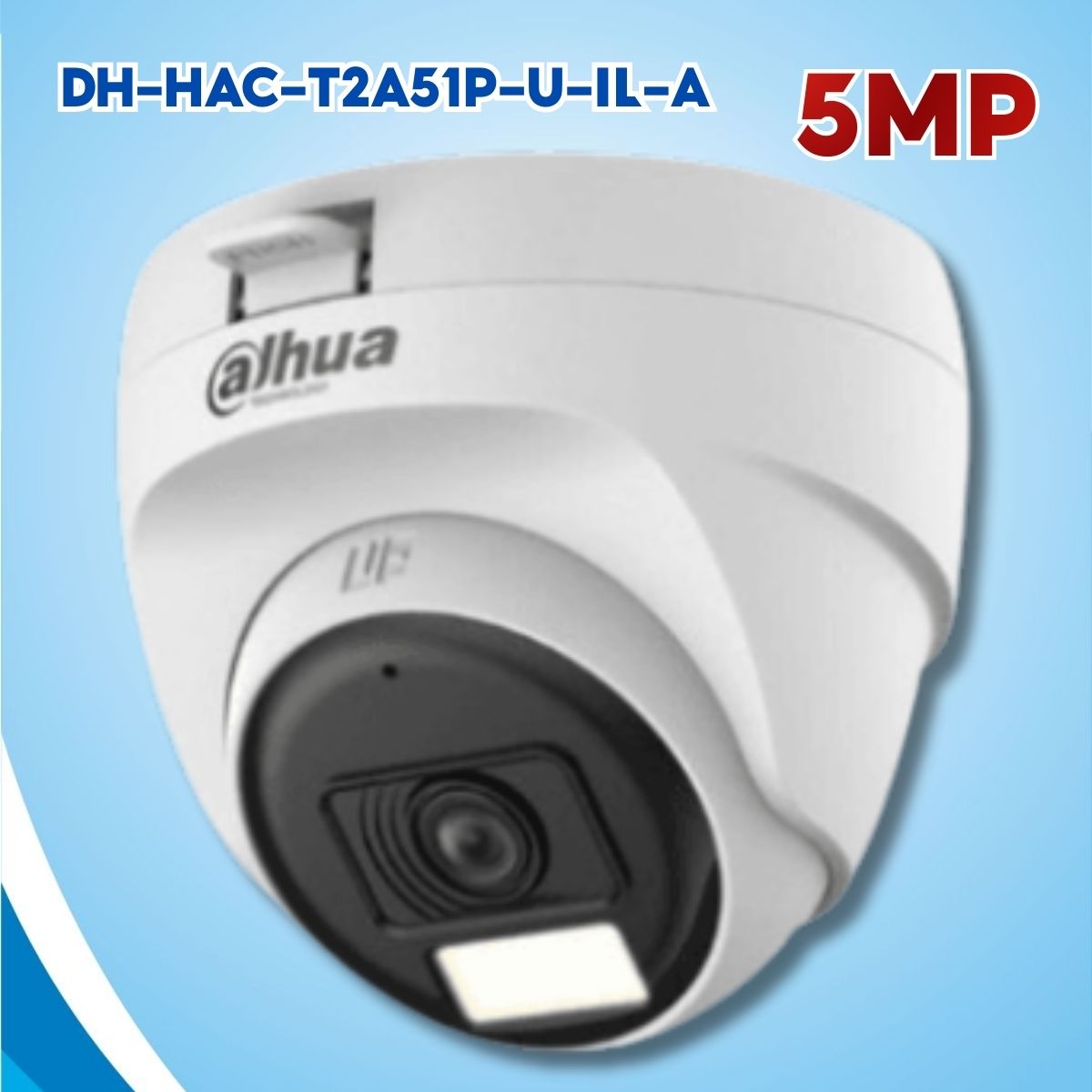 Camera Dome ghi hình màu ban đêm Dahua DH-HAC-T2A51P-U-IL-A 5MP Đèn IR 30m & Warm Light 20m, Tích hợp Mic
