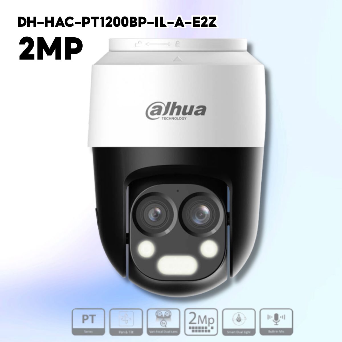 Camera PT Ngoài trời Dahua DH-HAC-PT1200BP-IL-A-E2Z 2MP IR & Warm Light 50m, Ống kính Varifocal 2.8 - 6mm, IP66, 12 VDC
