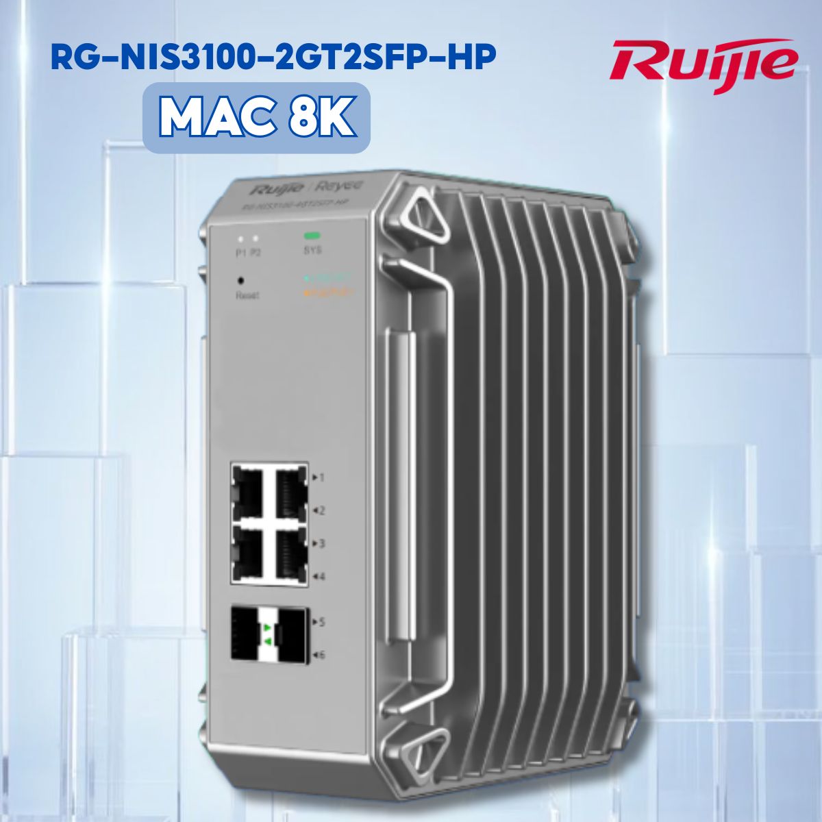 Switch công nghiệp 4 cổng PoE Ruijie RG-NIS3100-2GT2SFP-HP, 4 cổng 10/100/1000M, 2 cổng SFP, MAC 8K, Chống sét, chống bụi, chống ăn mòn