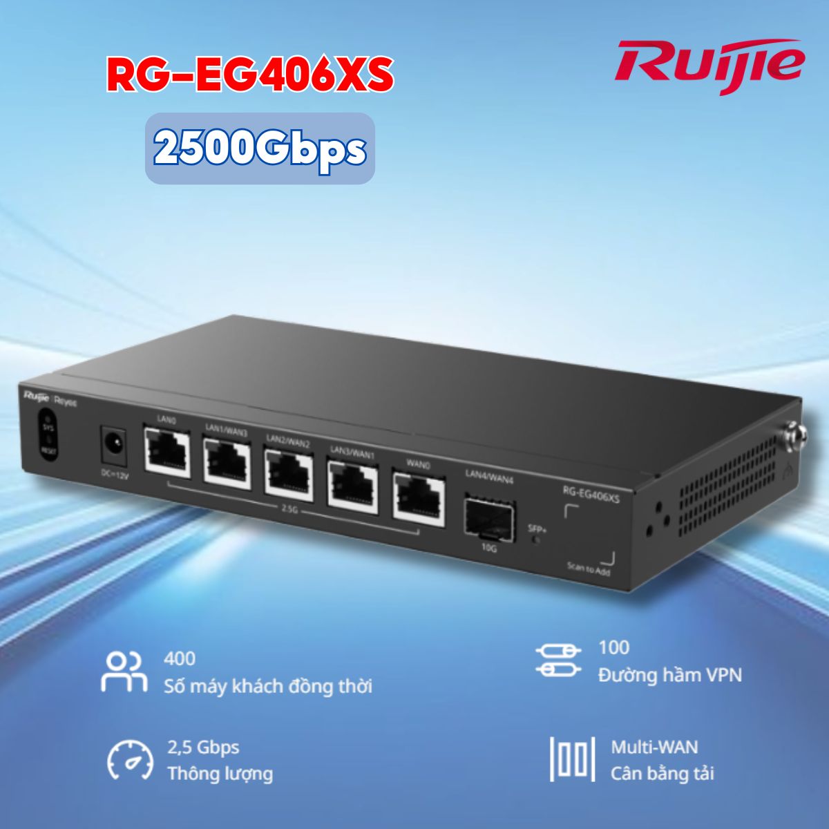 Router Cân bằng tải Ruijie Reyee RG-EG406XS 400 User, Cổng 10G SFP+, Băng thông 2500Gbps, Quản lý từ xa qua Ruijie cloud