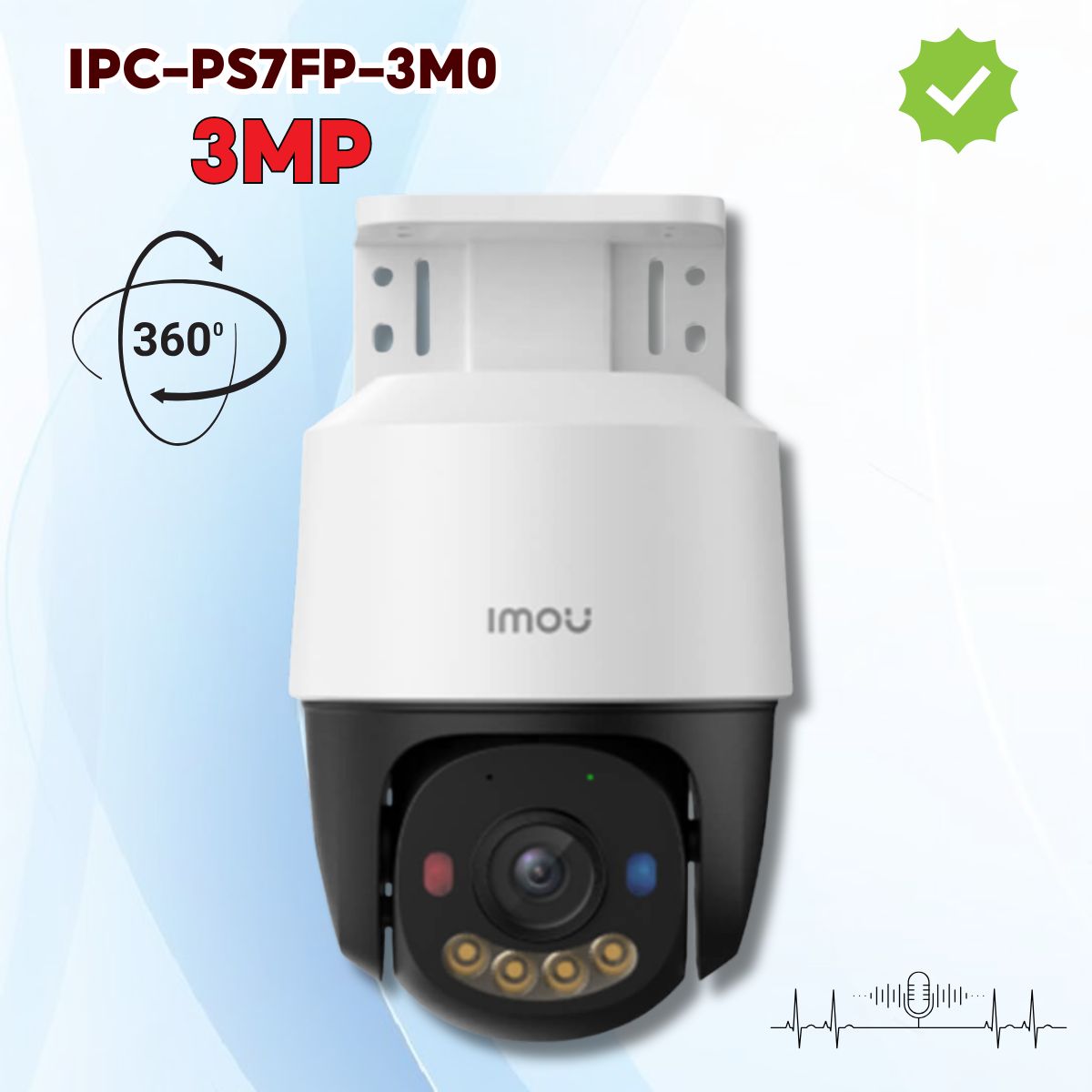 Camera ngoài trời quay 360 độ Imou IPC-PS7FP-3M0 3MP, Cảnh báo đèn xanh - đỏ, Đàm thoại 2 chiều, IR 30m, 12V DC - 0.5A / PoE