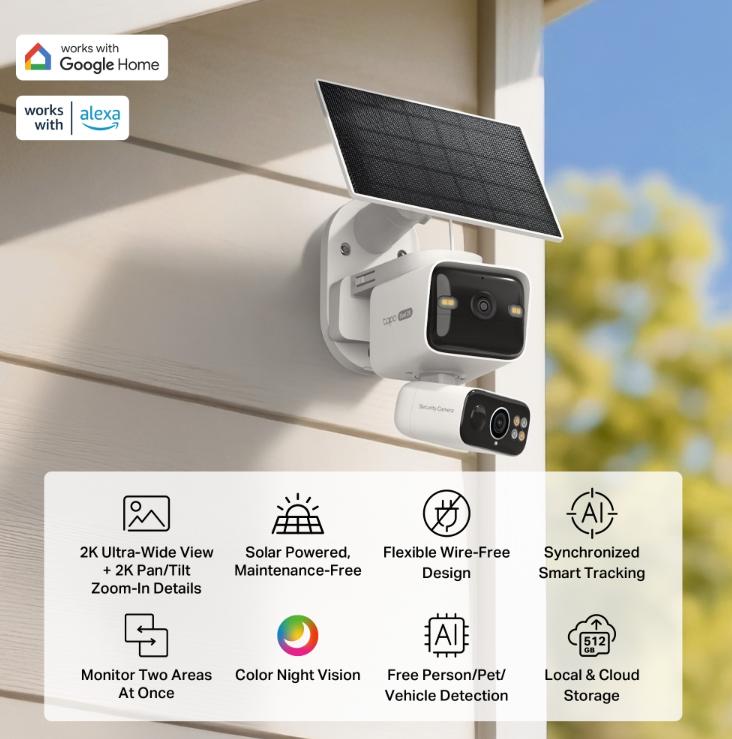 Camera Năng lượng mặt trời ống kính kép 2K Tapo C645D KIT Nhận diện Người, Phương tiện, Thú cưng, Kèm Pin 10.000mAh, Đàm thoại 2 chiều