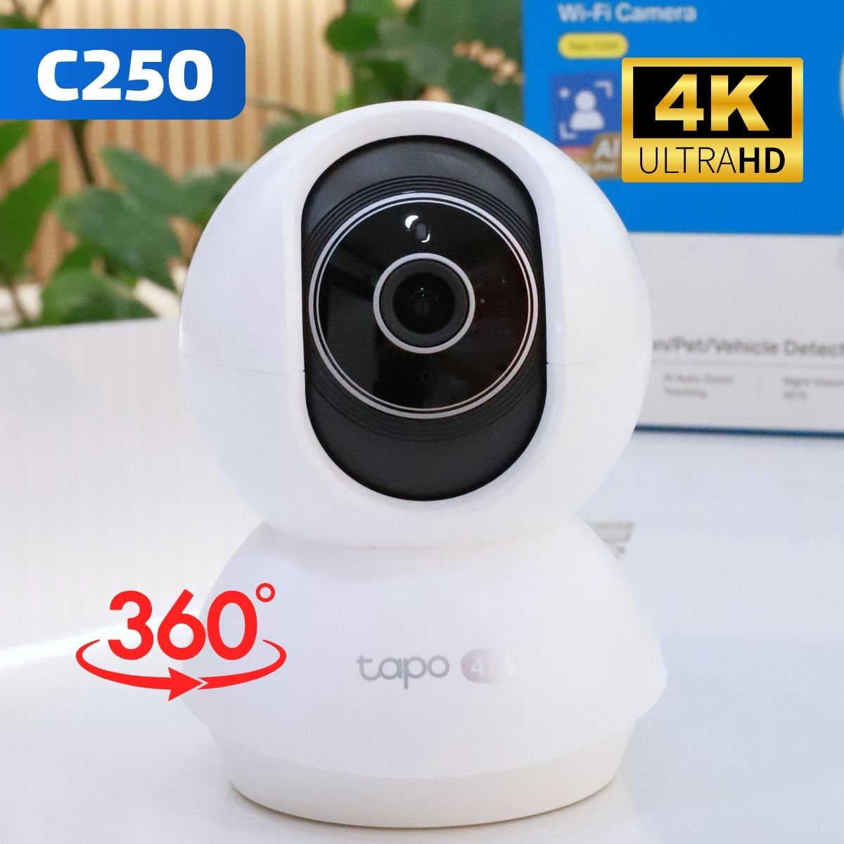 Camera Wi-Fi Tapo C250 4K 8MP, Xoay 360 độ, Phát hiện người, xe, tiếng trẻ em khóc, Âm thanh 2 chiều, Hỗ trợ thẻ nhớ up to 512GB
