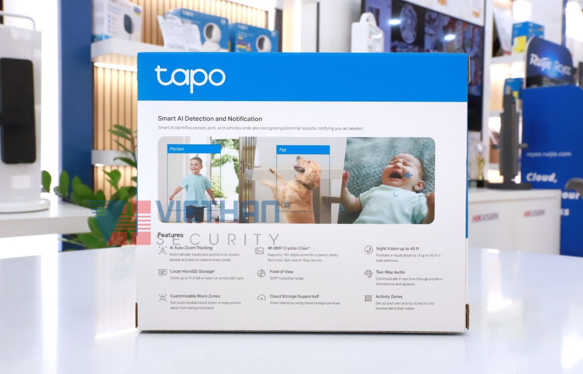 Camera Wi-Fi Tapo C250 4K 8MP, Xoay 360 độ, Phát hiện người, xe, tiếng trẻ em khóc, Âm thanh 2 chiều, Hỗ trợ thẻ nhớ up to 512GB