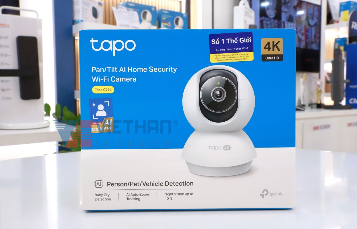 Camera Wi-Fi Tapo C250 4K 8MP, Xoay 360 độ, Phát hiện người, xe, tiếng trẻ em khóc, Âm thanh 2 chiều, Hỗ trợ thẻ nhớ up to 512GB