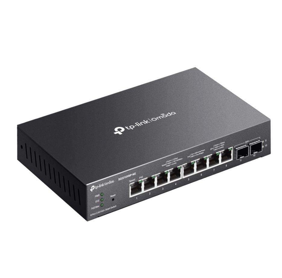 Bộ chuyển mạch để bàn/treo tường 8 Cổng 2.5G PoE+ Omada SG2210XMP-M2 - Công suất 160W, 2 Khe 10G SFP+, Không quạt