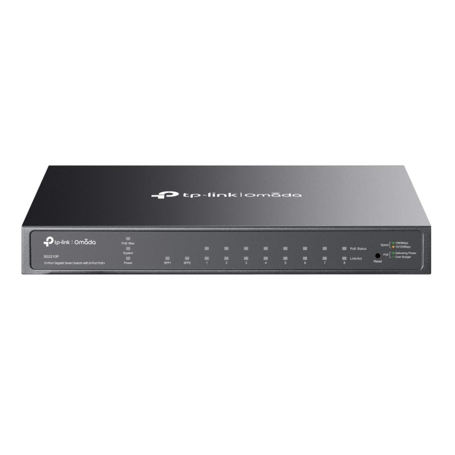 Thiết bị chuyển mạch 10 Cổng Gigabit TP-Link SG2210P - 8 Cổng PoE+ 61W, 2 Khe SFP, Không quạt, Quản lý Cloud Omada SDN