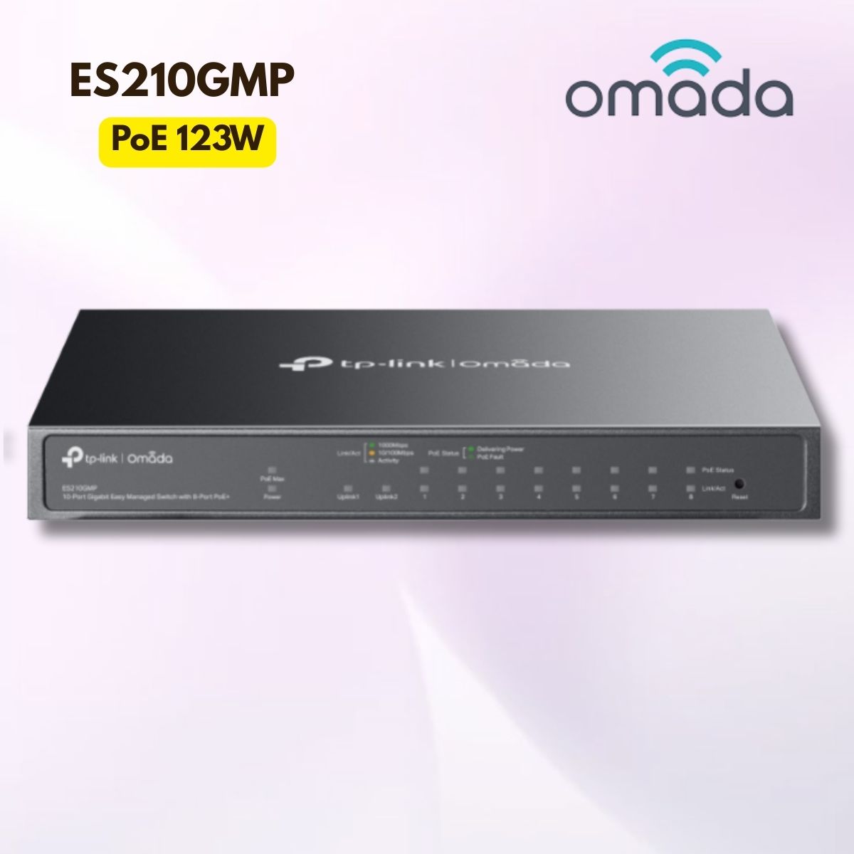 Switch Managed để bàn/ treo tường TP-Link Omada ES210GMP 8× PoE+ Gigabit, 1× Gigabit RJ45, 1× Combo SFP/RJ45, Công suất 123W, Thiết kế không quạt