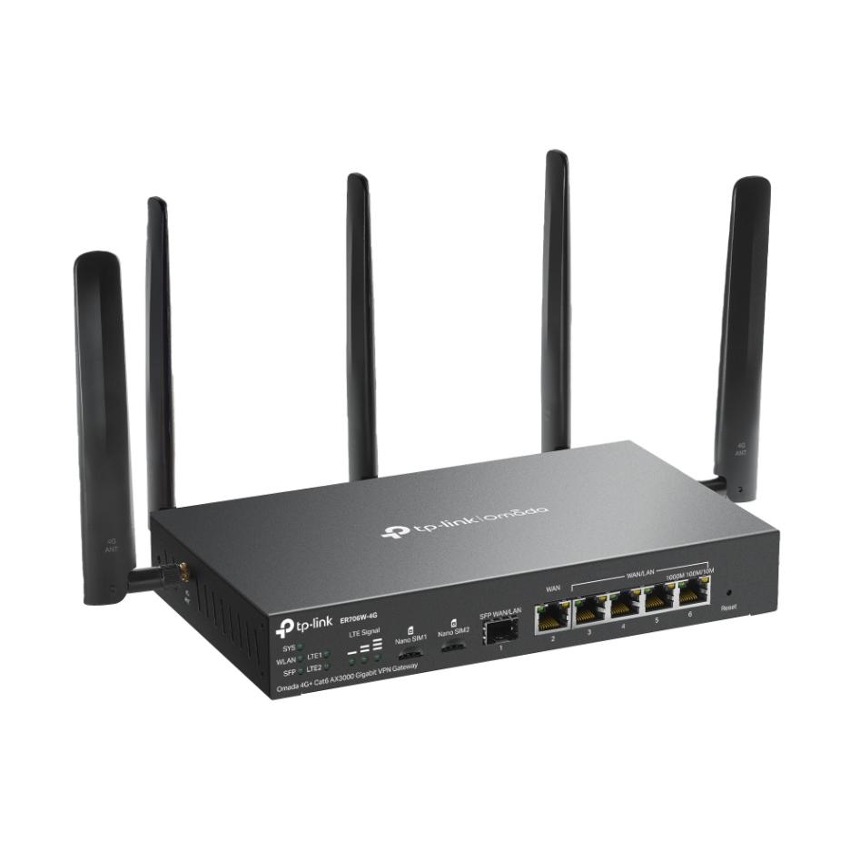 Router WiFi 6 4G+ TP-Link Omada ER706W-4G  AX3000, 1 Khe Nano SIM, VPN WireGuard