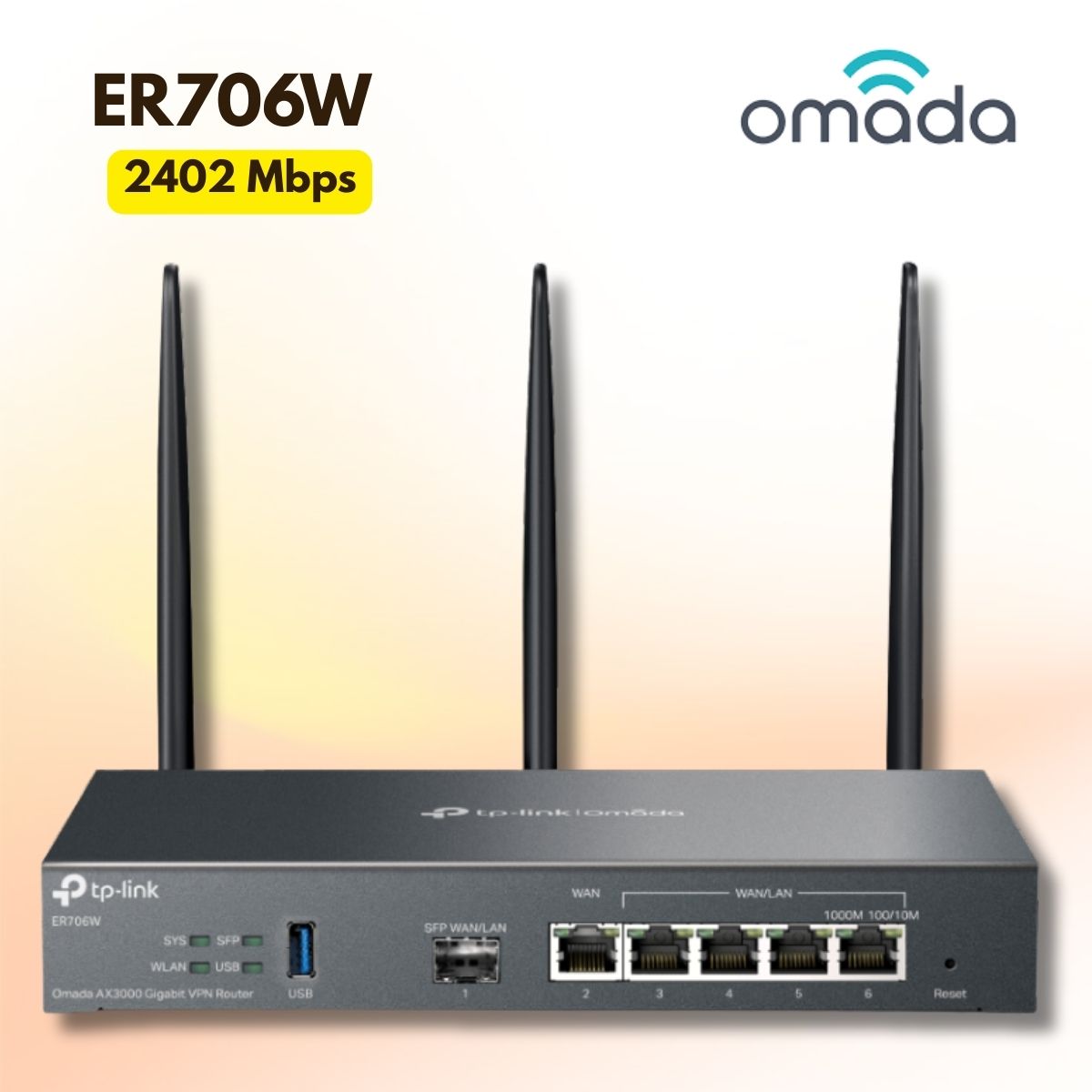 Router WiFi 6 Omada ER706W Cân Bằng Tải 5 Cổng WAN, Hỗ Trợ SSL VPN, 160MHz, Dự Phòng 4G LTE qua USB