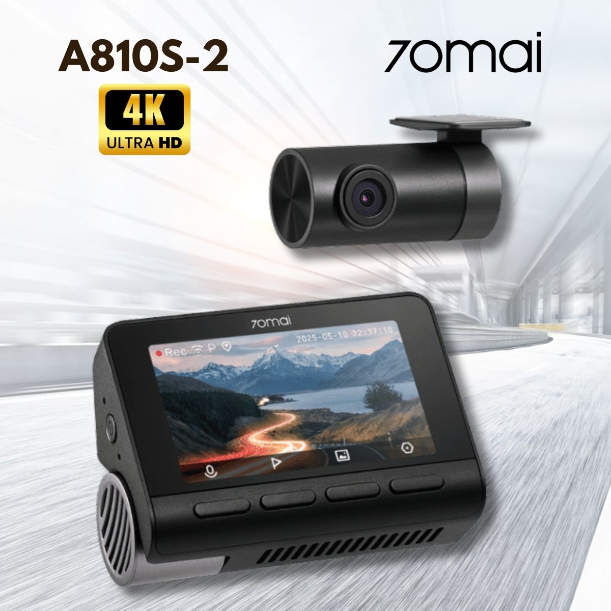 Camera hành trình 70mai A810S-2 Ghi hình trước 4K HDR, Màn hình IPS 3 inch, Tích hợp GPS & ADAS, Hỗ trợ WiFi & Bluetooth (Bản cam trước & sau) 