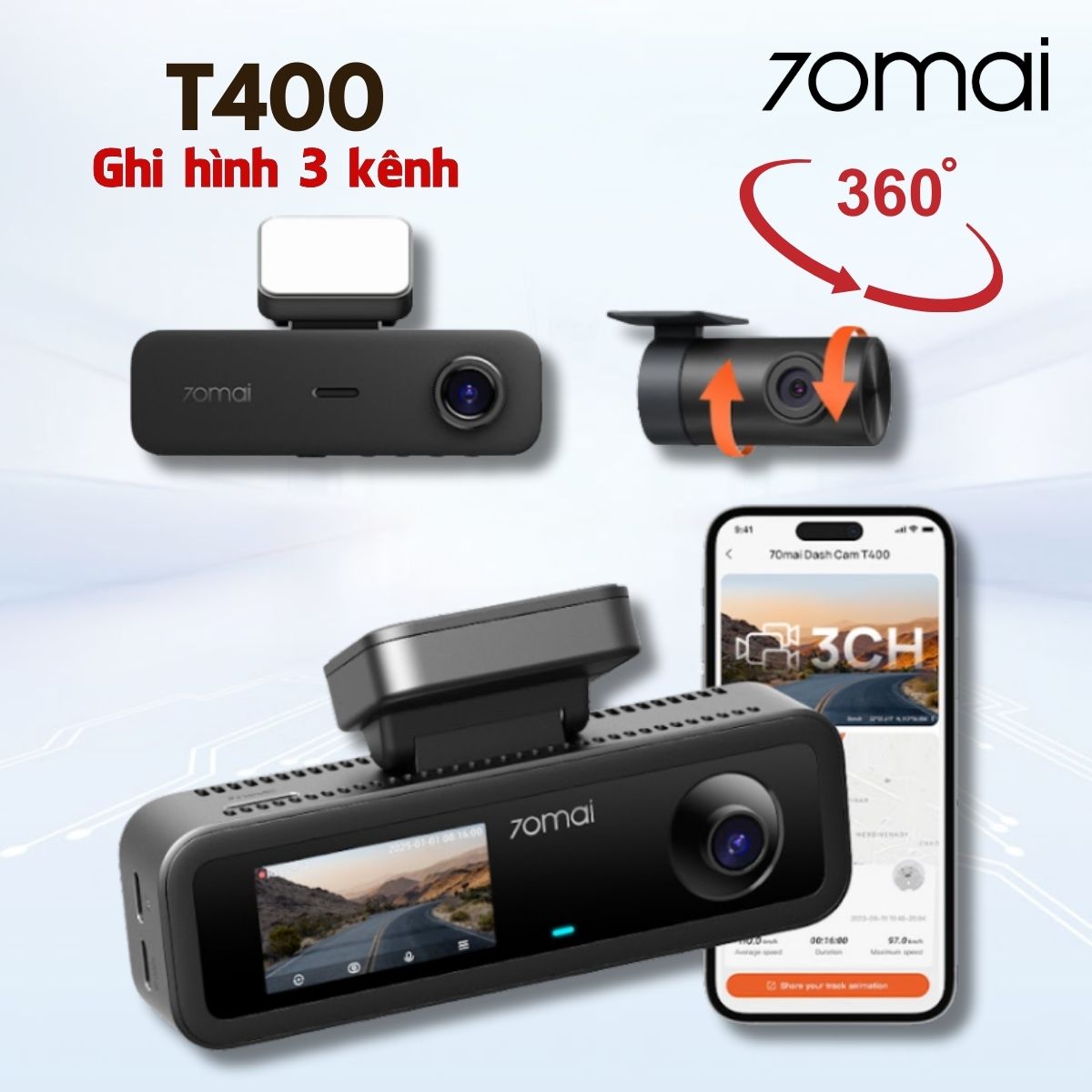 Camera hành trình ghi hình 3 kênh 70mai T400 2K Wifi 6, Màn hình 1.9 inch, Điều khiển giọng nói & Giám sát đỗ xe 24h