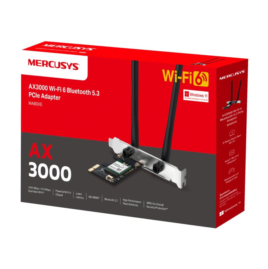 Card Wi-Fi 6 Bluetooth 5.3 PCIe Mercusys MA80XE Chuẩn AX3000, Hỗ Trợ Băng Thông HE160, Băng Tần Kép 2402Mbps, Có MU-MIMO