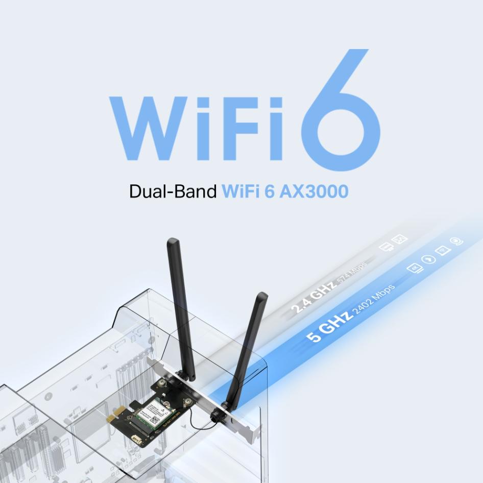 Card Wi-Fi 6 Bluetooth 5.3 PCIe Mercusys MA80XE Chuẩn AX3000, Hỗ Trợ Băng Thông HE160, Băng Tần Kép 2402Mbps, Có MU-MIMO