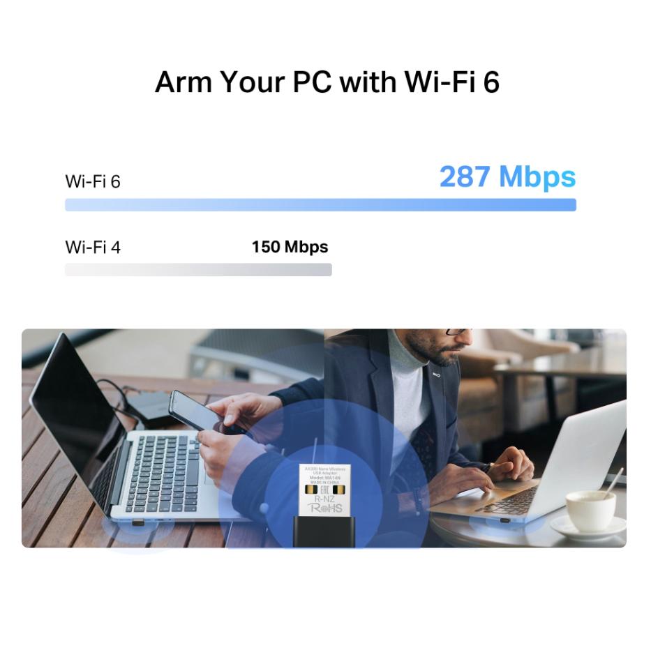 USB Thu Wi-Fi 6 Nano Mercusys MA14N Chuẩn AX300, Tốc Độ 287Mbps,Ăng-ten ngầm tích hợp Bảo mật WPA2, WPA3