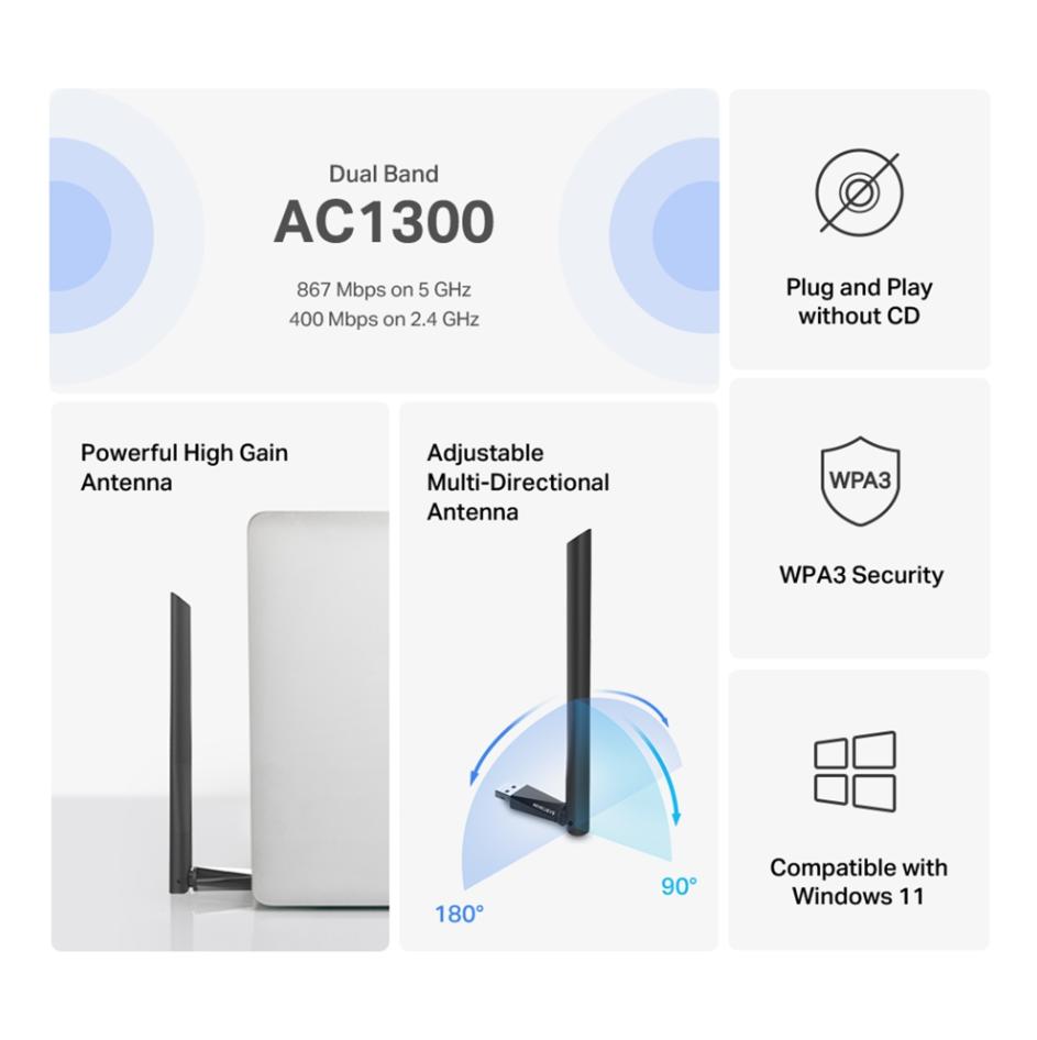 Bộ Thu Wi-Fi USB 2.0 AC1300 Mercusys MA30H Tốc độ 400 Mbps, Băng Tần Kép, Ăng-ten ngoài, Công Nghệ MU-MIMO, Plug & Play