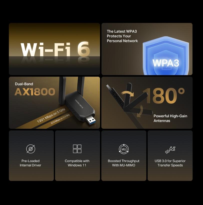 Bộ Thu Wi-Fi 6 USB 3.0 Mercury MA72XH Tốc Độ 1.8Gbps, Cài Driver Tự Động, Hai Ăng-ten Độ Lợi Cao,Hỗ Trợ MU-MIMO & Bảo Mật WPA3