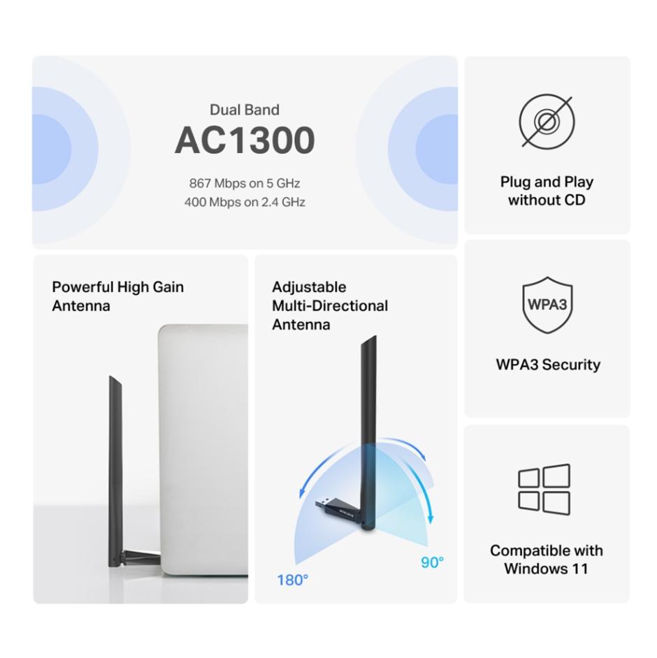 Bộ Thu Wi-Fi USB AC1300 Mercury MA30H Tốc Độ 1.3Gbps, Bảo Mật WPA3, MU-MIMO, Băng tần kép, Cắm và Chạy