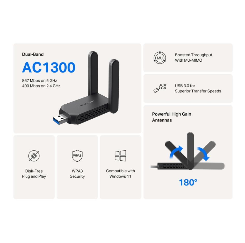USB Thu Wi-Fi AC1300 Mercusys MA32H: Hai Ăng-ten Ngoài, USB 3.0, Tốc Độ 1.3Gbps, Hỗ Trợ MU-MIMO & Bảo Mật WPA3