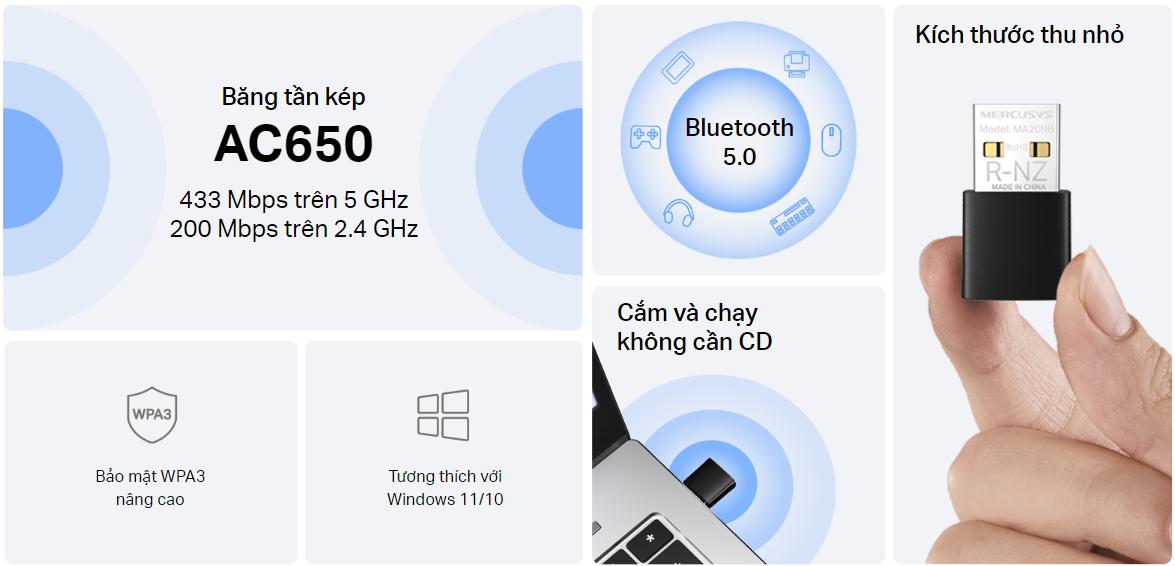 Bộ chuyển đổi USB Wi-Fi Bluetooth Nano Mercusys MA20NB AC600 Băng Tần Kép 5 GHz (433 Mbps) + 2.4 GHz (200 Mbps)
