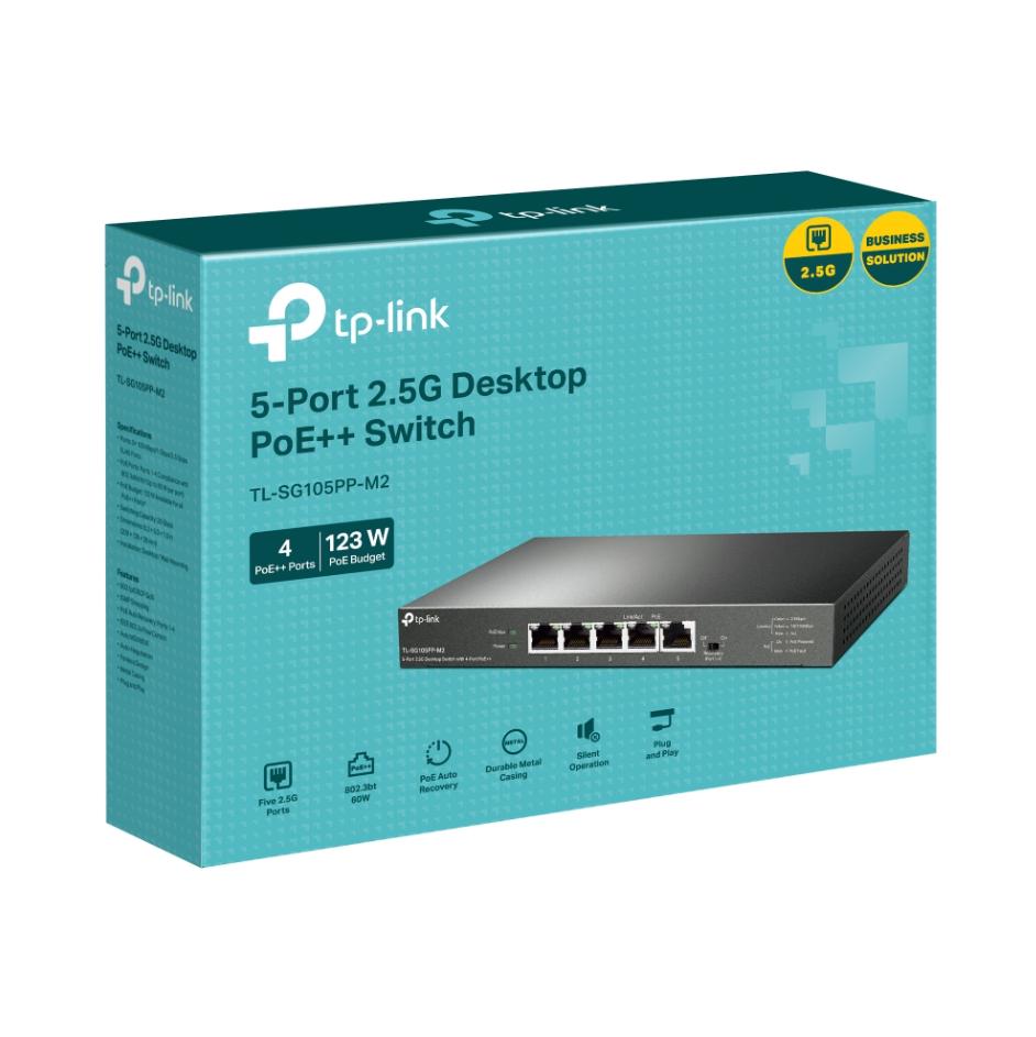 Bộ chuyển mạch để bàn TP-Link TL-SG105PP-M2, 5 Cổng 2.5 Gbps, 4 Cổng PoE++ (Cổng 1-4), PoE 123 W