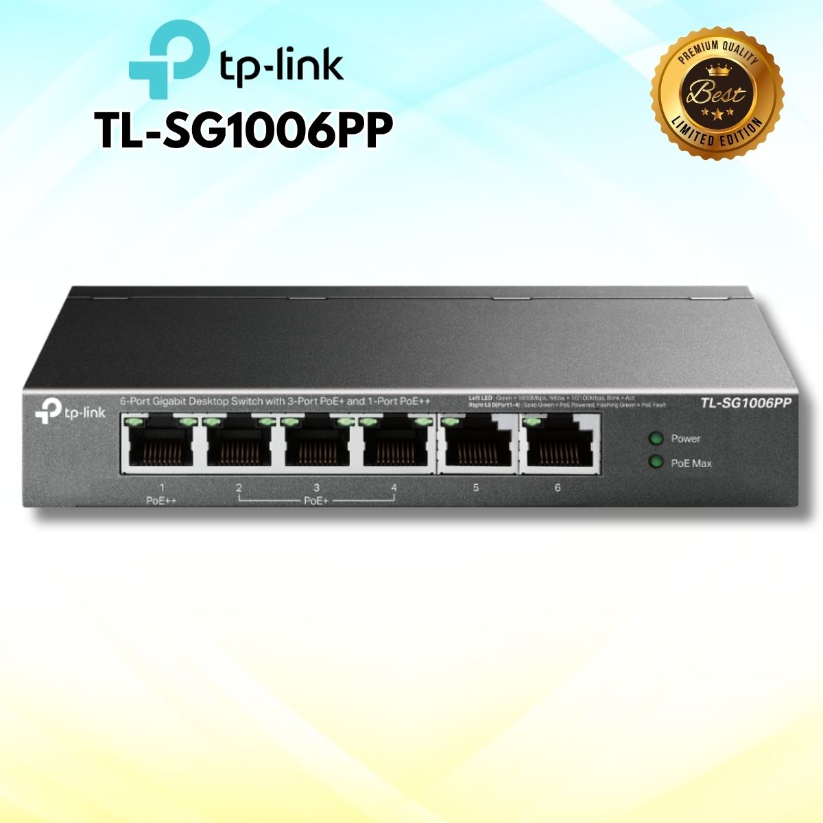 Bộ chuyển mạch Gigabit để bàn 6 cổng RJ45 10/100/1000 Mbps TP-Link TL-SG1006PP PoE 64W, Phạm vi truyền 250m, Hoạt động im lặng 