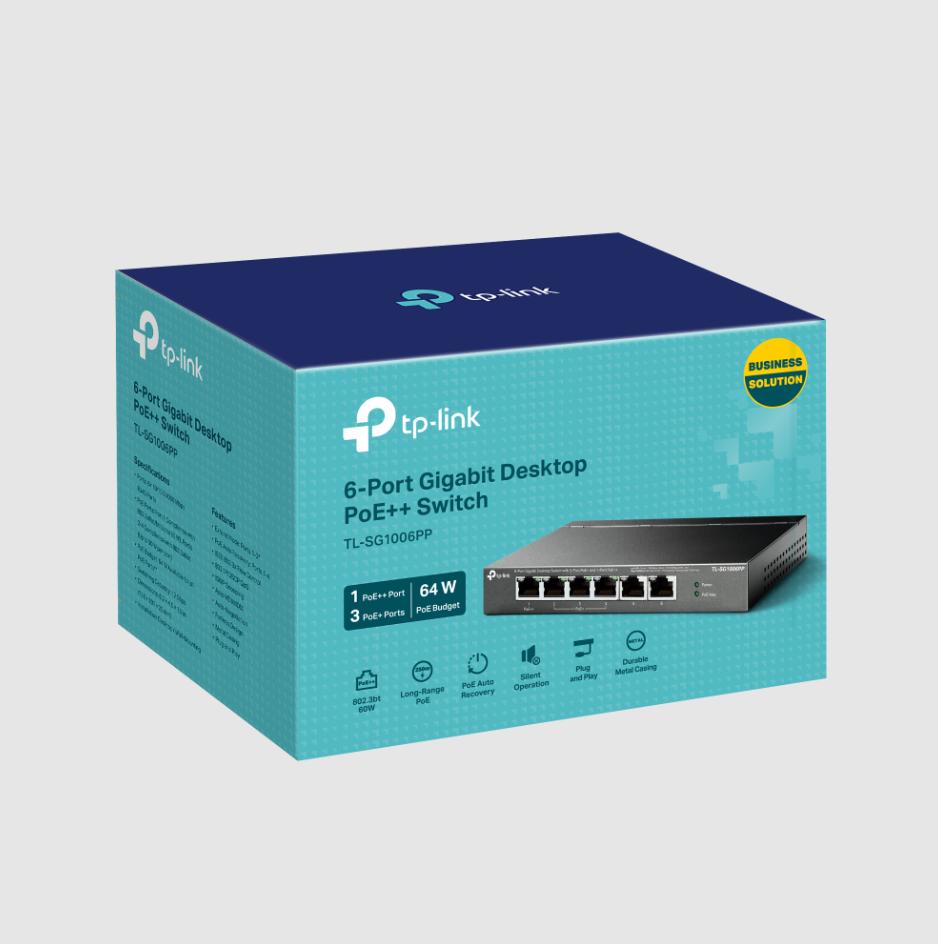 Bộ chuyển mạch Gigabit để bàn 6 cổng RJ45 10/100/1000 Mbps TP-Link TL-SG1006PP PoE 64W, Phạm vi truyền 250m, Hoạt động im lặng 