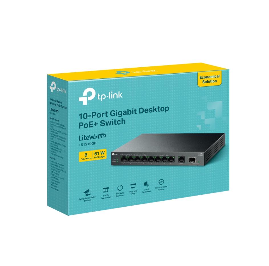 Switch Để Bàn Gigabit 10 Cổng TP-Link LS1210GP 8 Cổng PoE+ 61W, 1 Cổng SFP, Truyền Xa 250m, Hỗ Trợ PoE Auto Recovery & Mode Cách Ly