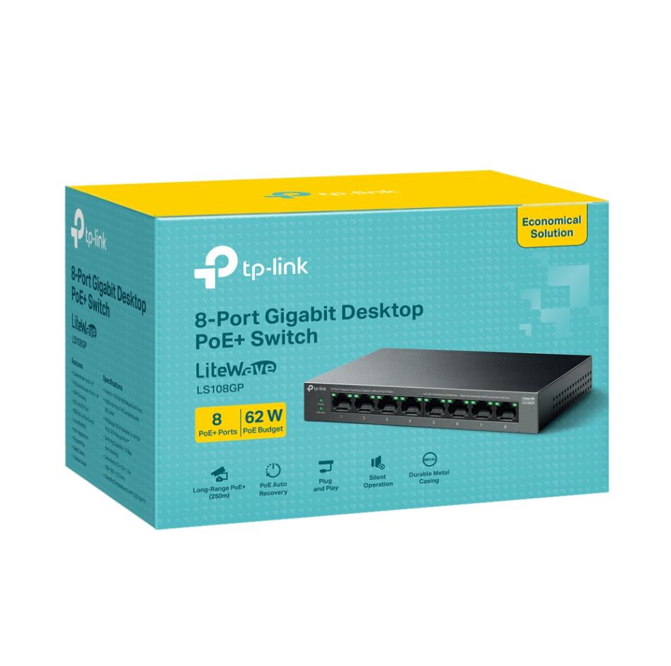 Switch Để Bàn Gigabit 8 Cổng với 8 Cổng PoE+ TP-Link LS108GP PoE 62 W, Truyền PoE lên tới 250m, Hoạt động yên lặng 
