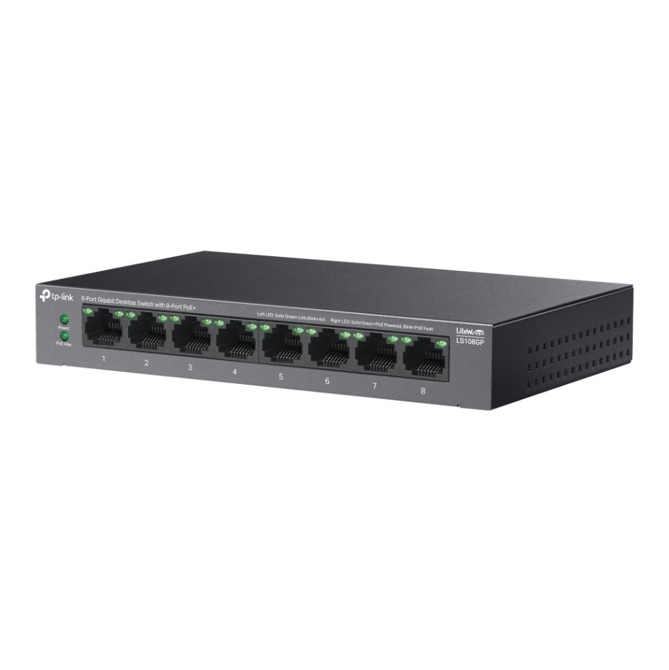 Switch Để Bàn Gigabit 8 Cổng với 8 Cổng PoE+ TP-Link LS108GP PoE 62 W, Truyền PoE lên tới 250m, Hoạt động yên lặng 