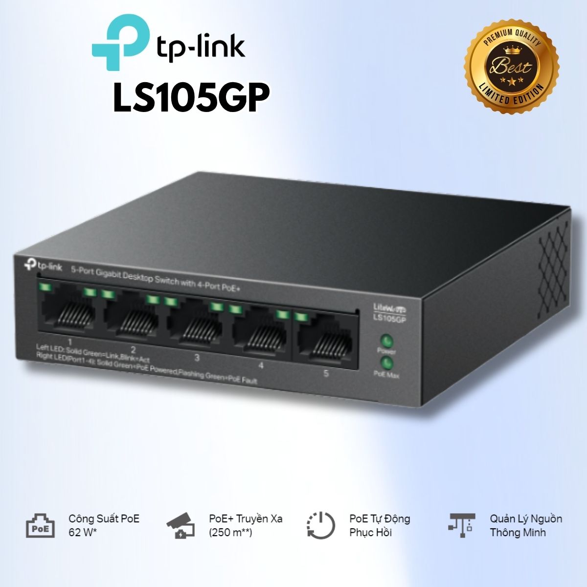 Switch 5 Cổng Full Gigabit TP-Link LS105GP, 4 Cổng PoE+ 65W, Truyền Xa 250m, Hỗ Trợ PoE Auto Recovery & Vỏ Kim Loại