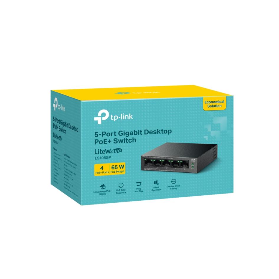 Switch 5 Cổng Full Gigabit TP-Link LS105GP, 4 Cổng PoE+ 65W, Truyền Xa 250m, Hỗ Trợ PoE Auto Recovery & Vỏ Kim Loại