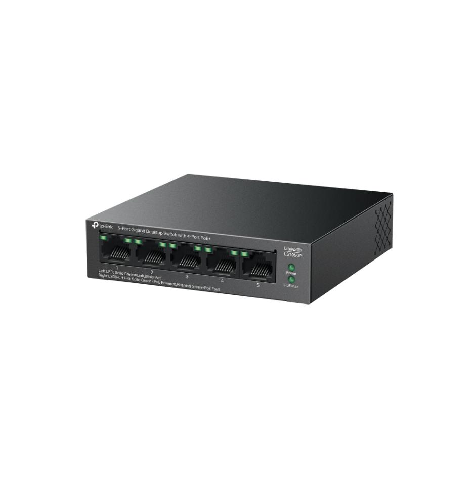 Switch 5 Cổng Full Gigabit TP-Link LS105GP, 4 Cổng PoE+ 65W, Truyền Xa 250m, Hỗ Trợ PoE Auto Recovery & Vỏ Kim Loại