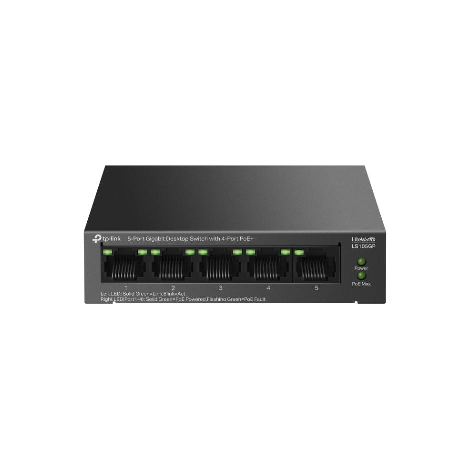Switch 5 Cổng Full Gigabit TP-Link LS105GP, 4 Cổng PoE+ 65W, Truyền Xa 250m, Hỗ Trợ PoE Auto Recovery & Vỏ Kim Loại