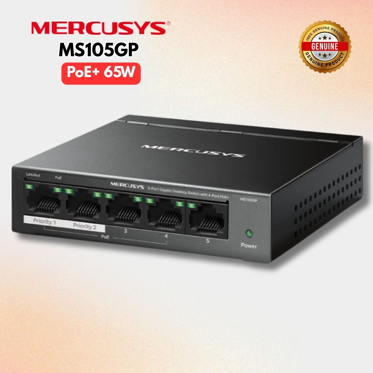 Switch để bàn 5 Cổng Full Gigabi Mercusys MS105GP - 4 Cổng PoE+ 65W, Tốc độ 1000 Mbps, Khoảng cách truyền 250m
