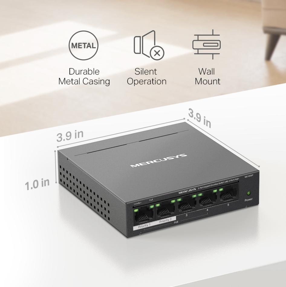 Switch để bàn 5 Cổng Full Gigabi Mercusys MS105GP - 4 Cổng PoE+ 65W, Tốc độ 1000 Mbps, Khoảng cách truyền 250m
