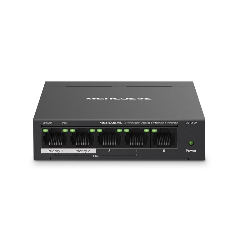 Switch để bàn 5 Cổng Full Gigabi Mercusys MS105GP - 4 Cổng PoE+ 65W, Tốc độ 1000 Mbps, Khoảng cách truyền 250m