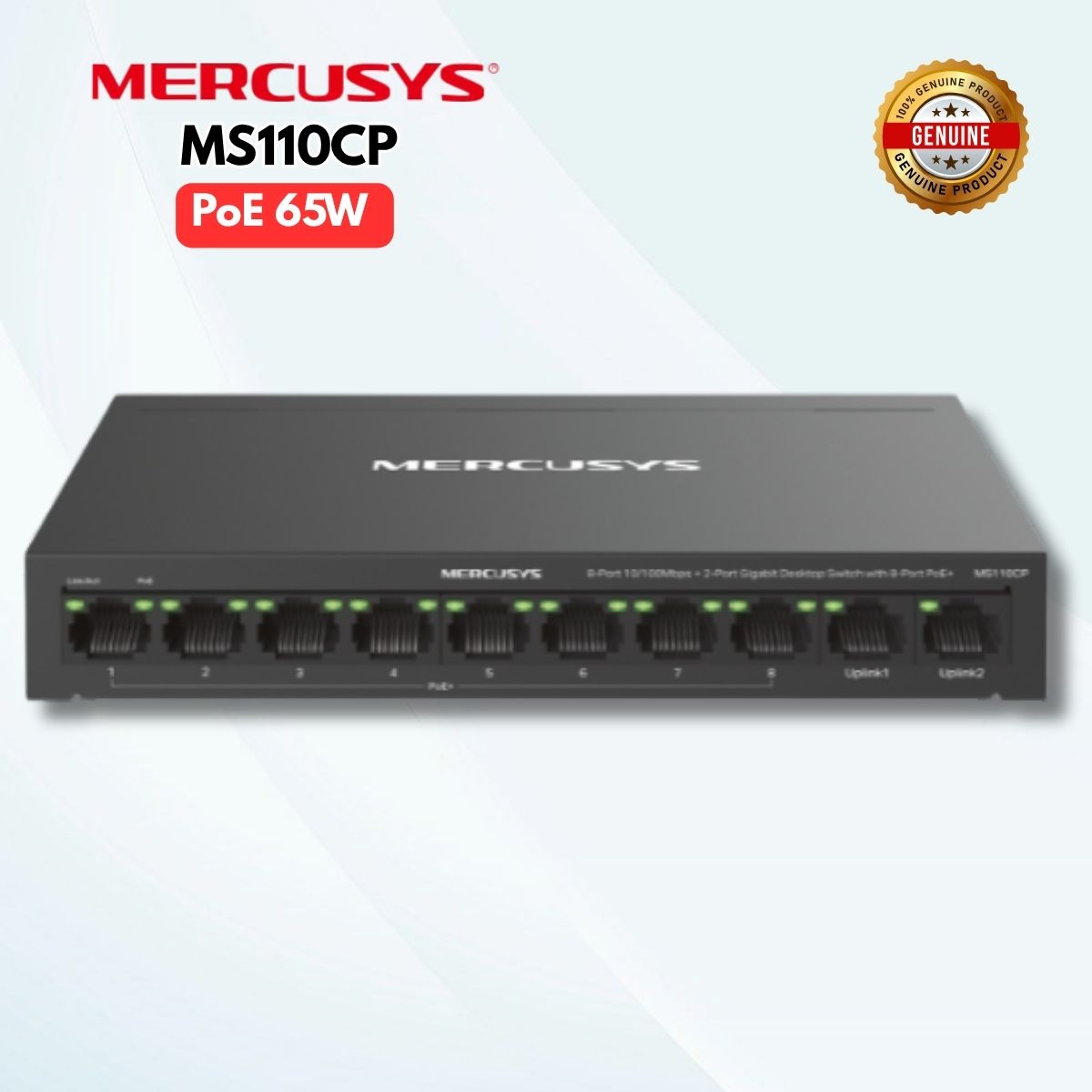 Switch 10 Cổng Mercusys MS110CP - 8 Cổng PoE+ 65W, 2 Cổng Gigabit Uplink, Truyền Xa 250m & Isolation Bảo Mật