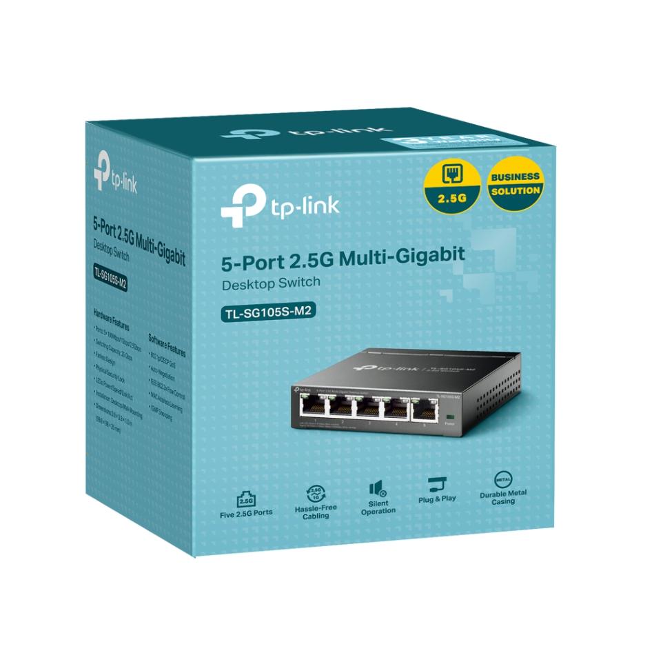 Switch 5 Cổng 2.5G TP-Link TL-SG105S-M2, Hỗ trợ Auto-Negotiation, Plug & Play, Để bàn hoặc gắn tường