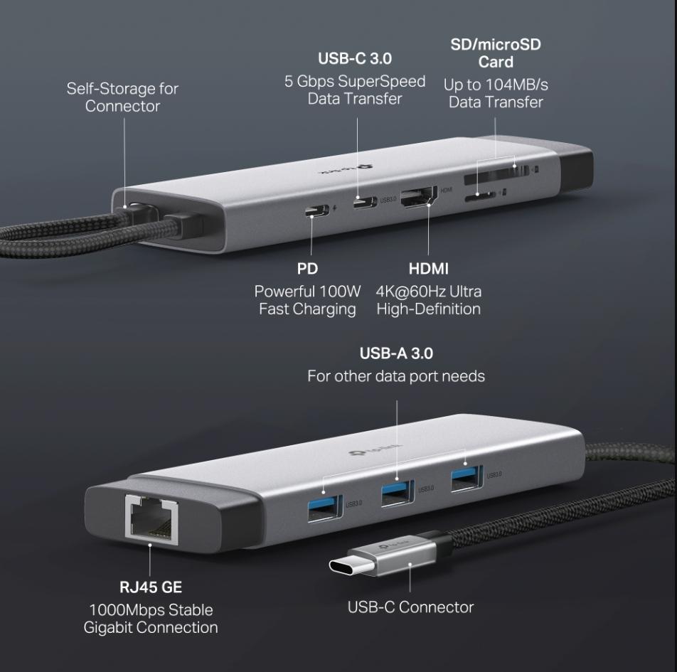 Bộ chuyển đổi Type-C  9 trong 1 TP-Link UH9120C Sạc nhanh 100W, Tốc độ 5 Gbps, UH9120C HDMI 4K, LAN Gigabit, Đọc Thẻ SD/TF