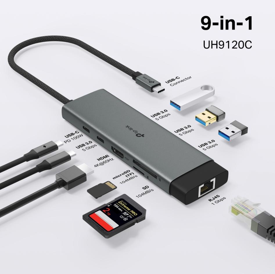 Bộ chuyển đổi Type-C  9 trong 1 TP-Link UH9120C Sạc nhanh 100W, Tốc độ 5 Gbps, UH9120C HDMI 4K, LAN Gigabit, Đọc Thẻ SD/TF