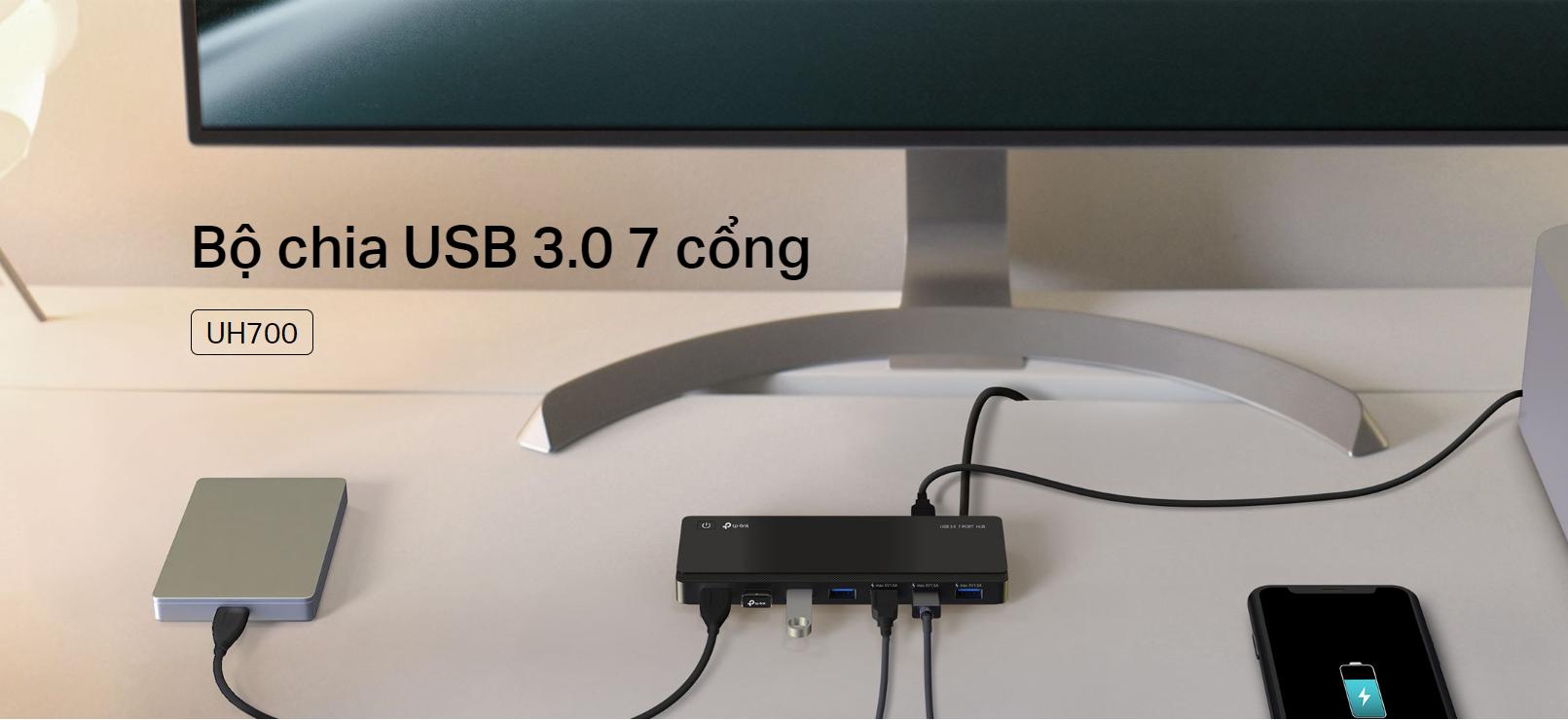 Bộ Chia USB 3.0 7 Cổng TP-Link UH700: Tốc Độ 5Gbps, Tương Thích Windows 11 & MacOS, Tản nhiệt tốt