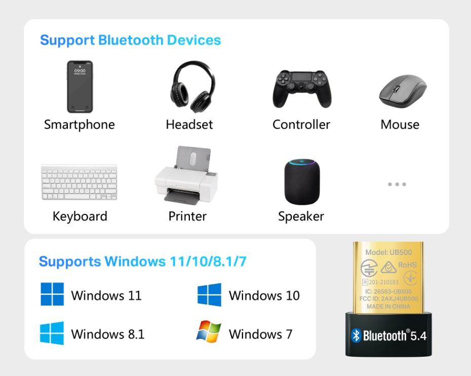 Bộ chuyển đổi USB Bluetooth 5.4 Nano TP-Link UB500 Hỗ trợ tối đa 7 thiết bị cùng lúc, Hệ điều hành Windows 11/10/8.1/7