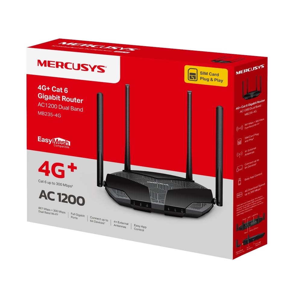 Router Wi-Fi AC1200 4G+ Cat6 Gigabit Mercusys MB235-4G Băng tần kép 1200 Mbps, Hỗ Trợ EasyMesh, Kết nối đồng thời 64 thiết bị