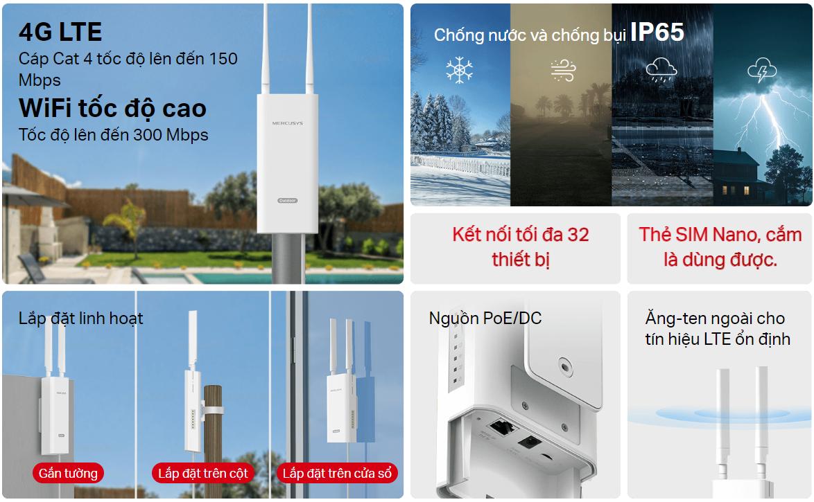 Bộ Phát Wi-Fi Gắn SIM 4G Mercusys MB118-4G, Tốc độ 300 Mbps, Kết nối 32 thiết bị, IP65, Chống sét ±6kV & chống tĩnh điện ±15kV