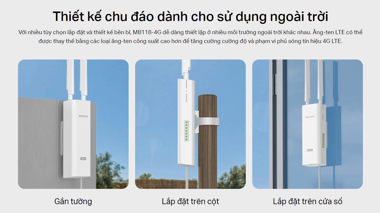 Bộ Phát Wi-Fi Gắn SIM 4G Mercusys MB118-4G, Tốc độ 300 Mbps, Kết nối 32 thiết bị, IP65, Chống sét ±6kV & chống tĩnh điện ±15kV
