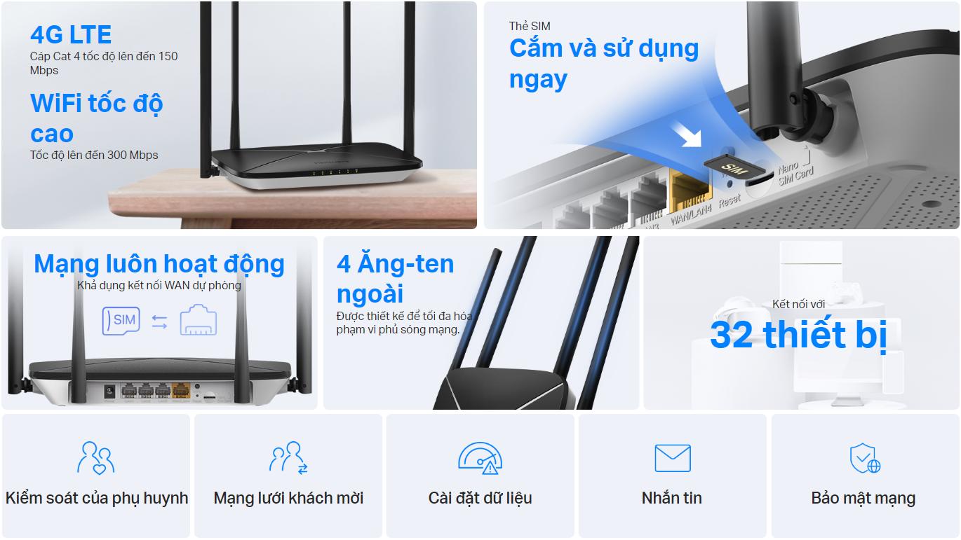 Router Wi-Fi 4G LTE TP-Link MB115-4G: Tốc Độ 300Mbps, 4 Ăng-ten Ngoài, Cắm SIM Là Chạy, Cổng LAN/WAN Linh Hoạt