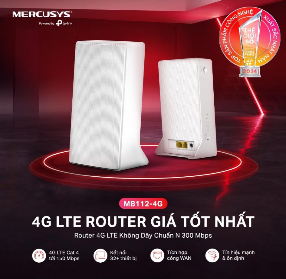 Bộ Phát Wi-Fi Gắn SIM 4G Mercusys MB112-4G: Chuẩn N 300Mbps, Tốc Độ 150Mbps, Hỗ Trợ 32 Thiết Bị