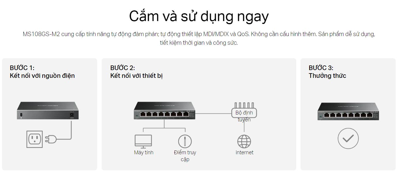 Switch 8 Cổng 2.5G Đa Gigabit Mercusys MS108GS-M2: Tốc Độ 2500Mbps, Hoạt động êm ái, Cắm & chạy