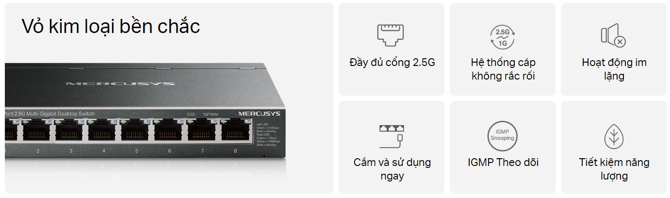 Switch 8 Cổng 2.5G Đa Gigabit Mercusys MS108GS-M2: Tốc Độ 2500Mbps, Hoạt động êm ái, Cắm & chạy